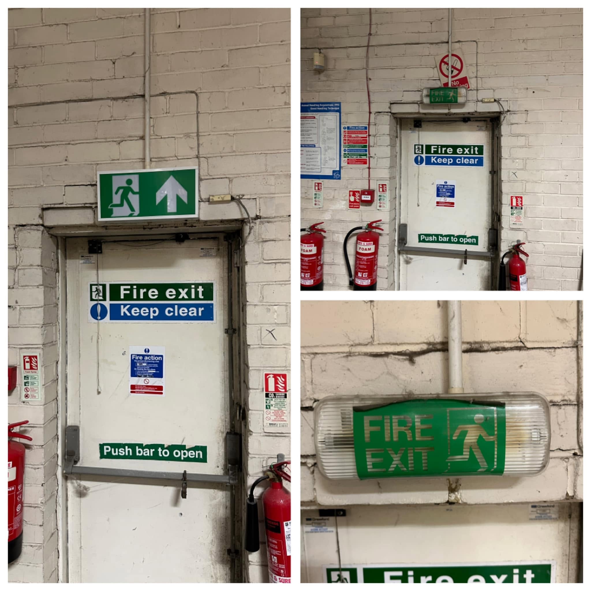 Fire exit doors and emergency lighting in a commercial building, before an upgrade